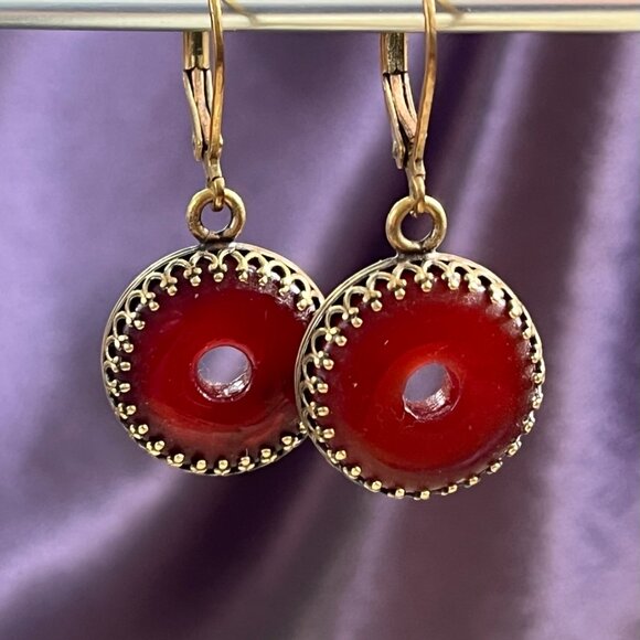 Carnelian Agate Drop Earrings - Bezel - Lever Back Ear Wires - Picture 3 of 6